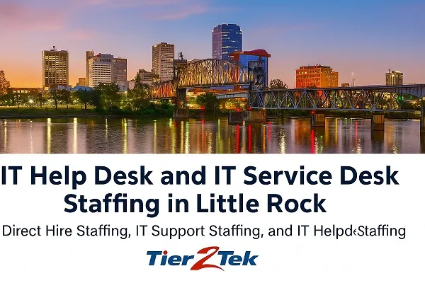 Little Rock skyline with Tier2Tek Staffing branding for IT support staffing services
