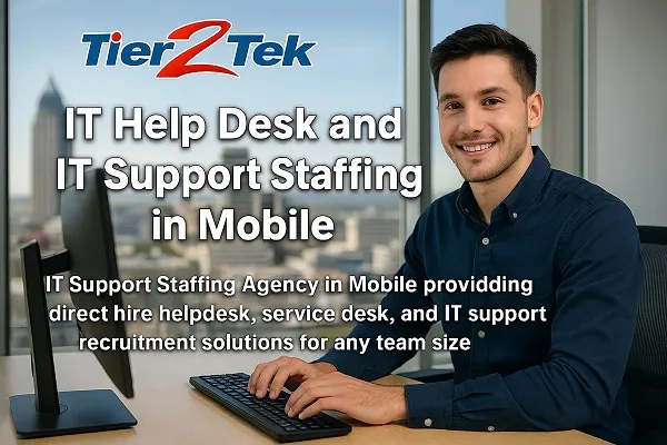 Professional IT support staff working at a desk in Mobile with city skyline in background, promoting Tier2Tek Staffing services.