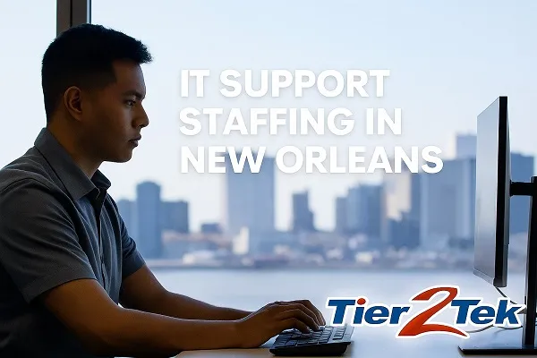IT support professional working in an office with the New Orleans skyline in the background, representing Tier2Tek Staffing IT services.