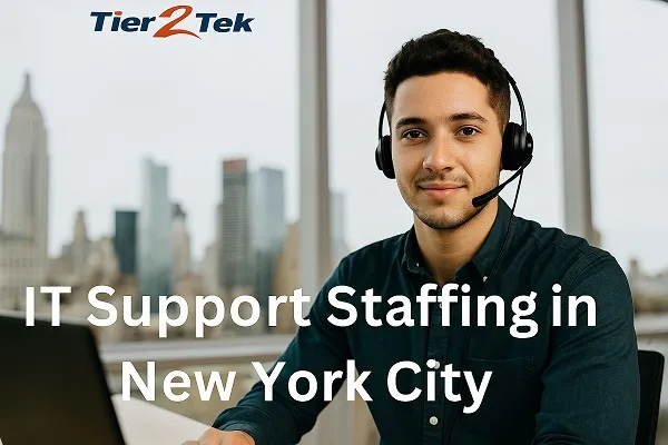 IT support professional in an office with New York City skyline, representing IT Support Staffing by Tier2Tek Staffing.
