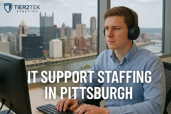 IT support professional working at a computer with Pittsburgh skyline in the background, representing Tier2Tek Staffing’s IT support staffing services in Pittsburgh.