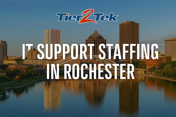 IT Support Staffing in Rochester with Tier2Tek Staffing logo over the city skyline at sunset