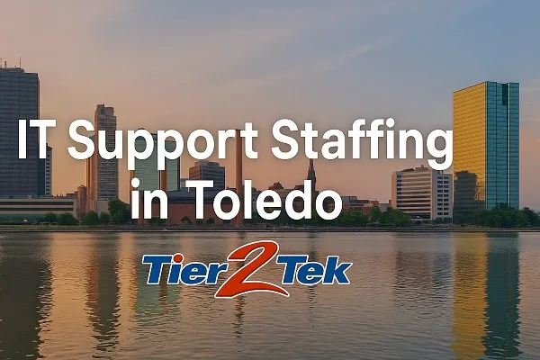 Toledo skyline with IT Support Staffing in Toledo text and Tier2Tek Staffing logo
