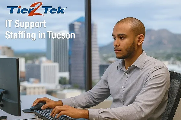IT Support professional at work in Tucson with Tier2Tek Staffing logo.