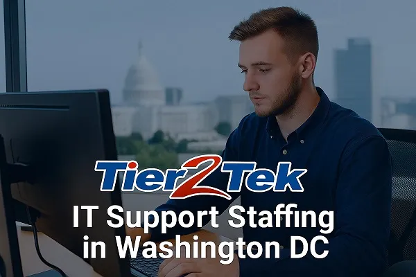 IT support technician working in an office with Washington DC skyline in the background, representing IT Support Staffing by Tier2Tek Staffing.