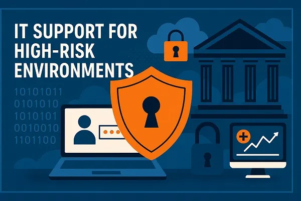 Illustration representing IT support for high-risk environments, featuring security symbols, cloud, and critical infrastructure icons.