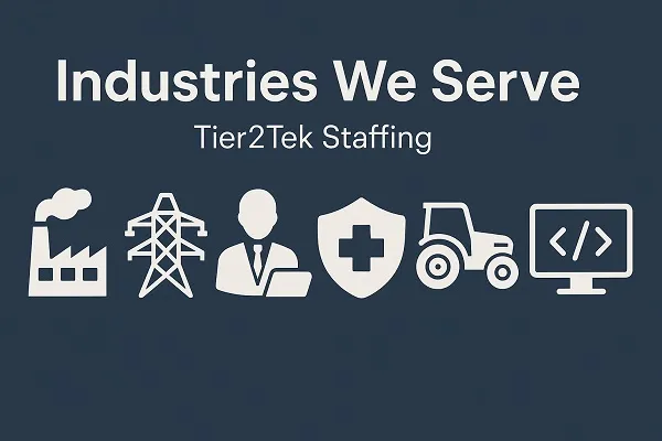 Modern vector graphic showcasing key professional sectors, created by Tier2Tek Staffing.