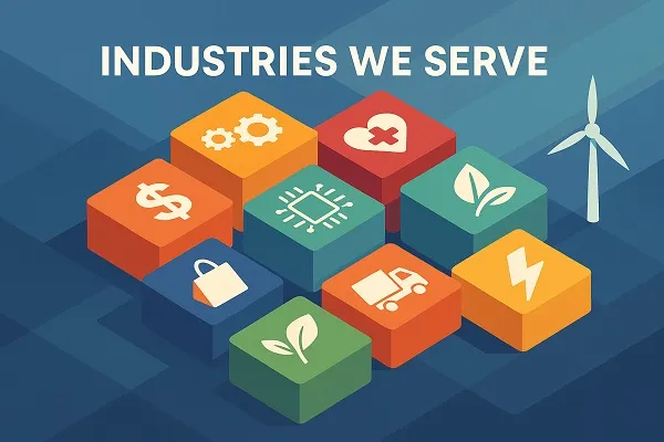 Isometric 3D blocks with flat icons symbolizing diverse business fields, a graphic by Tier2Tek Staffing