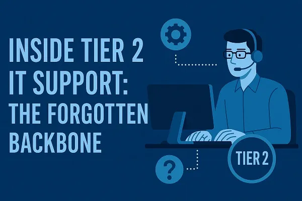 Illustration of a Tier 2 IT support technician wearing a headset, working at a computer, with technical icons and a label reading “Tier 2”