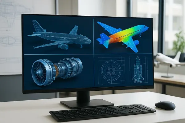 A widescreen monitor displays four CAD applications: airplane wireframe, wing stress analysis, turbine design, and rocket blueprint.