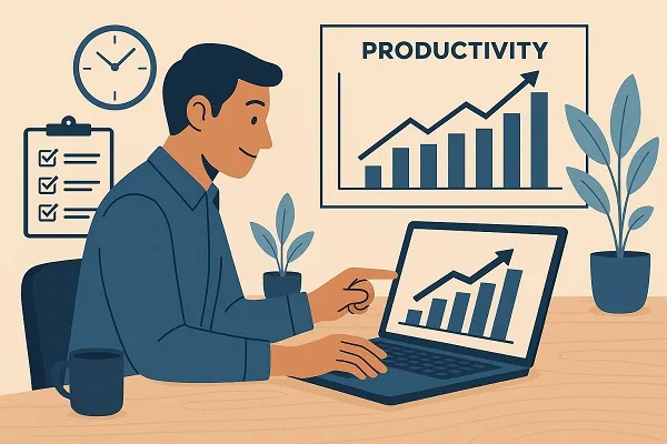 Office worker analyzing IT support data and productivity metrics on a laptop in a clean, organized workspace.