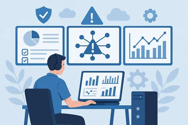 IT technician monitors system performance and security metrics across multiple screens in a control room environment.