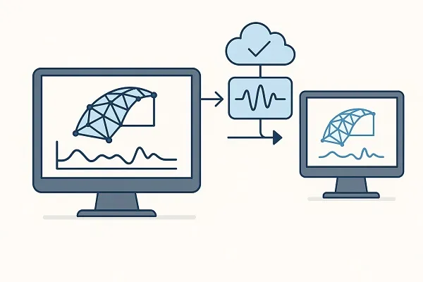 Illustration showing two computer screens displaying a 3D wireframe model and graph data, connected by cloud-based simulation icons to represent real-time feedback in CAD workflows.