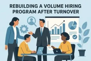 Four professionals collaborate in an office to rebuild a volume hiring program, with data charts and recruitment icons in the background.