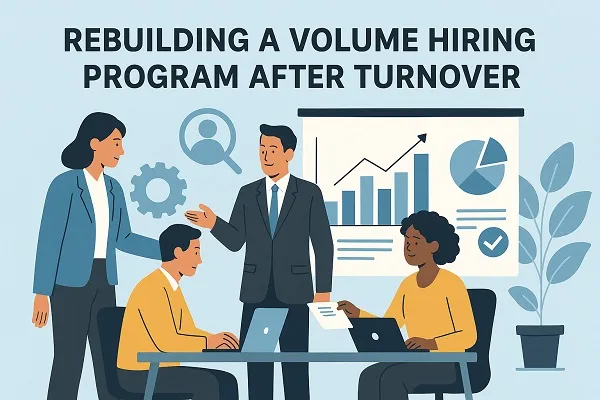 Four professionals collaborate in an office to rebuild a volume hiring program, with data charts and recruitment icons in the background.