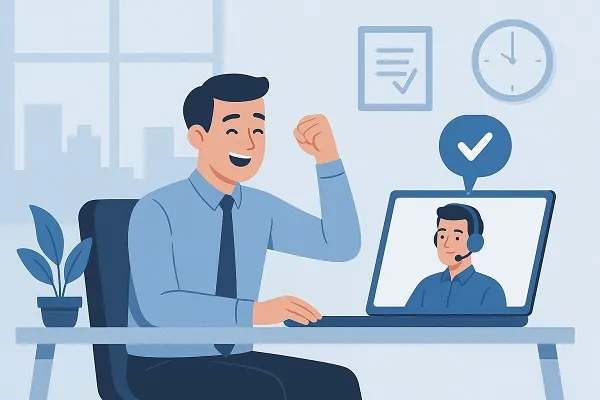 Happy office worker celebrates successful IT support interaction via video call on laptop.