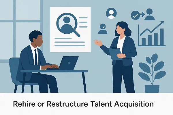 Two professionals strategize talent acquisition in an office, with visual aids showing recruitment icons and performance charts.