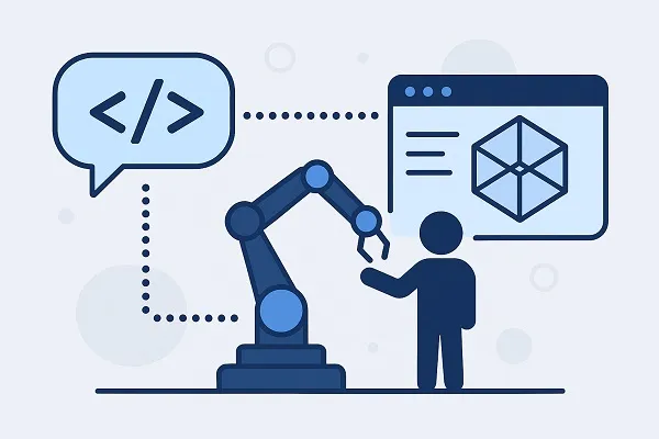 Digital illustration showing a user inputting a design command via a keyboard, with an AI engine interpreting it and producing a 3D structural model on a wide monitor.