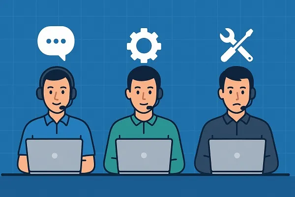 Three IT support agents representing Tier 1, Tier 2, and Tier 3, each with a headset and laptop, with icons above their heads.