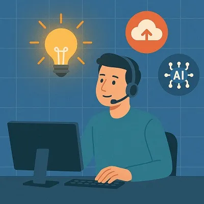 IT support technician at a computer with cloud, AI, and lightbulb icons symbolizing innovation and the future of Tier 2 IT support.