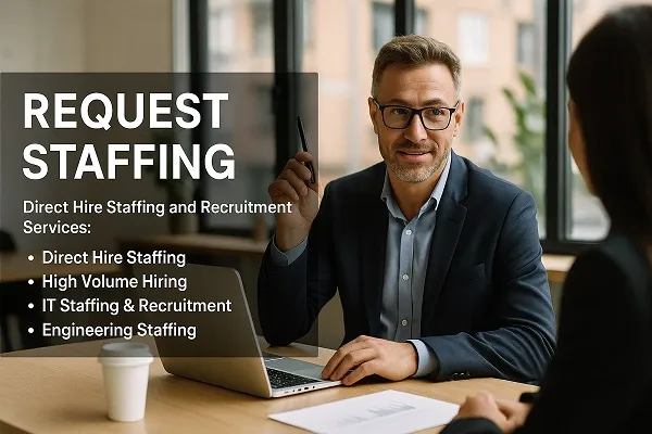 Professional hiring manager discussing staffing solutions with a recruitment expert in a modern office.