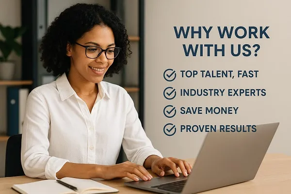 Woman working on laptop with Tier2Tek Staffing hiring benefits listed.