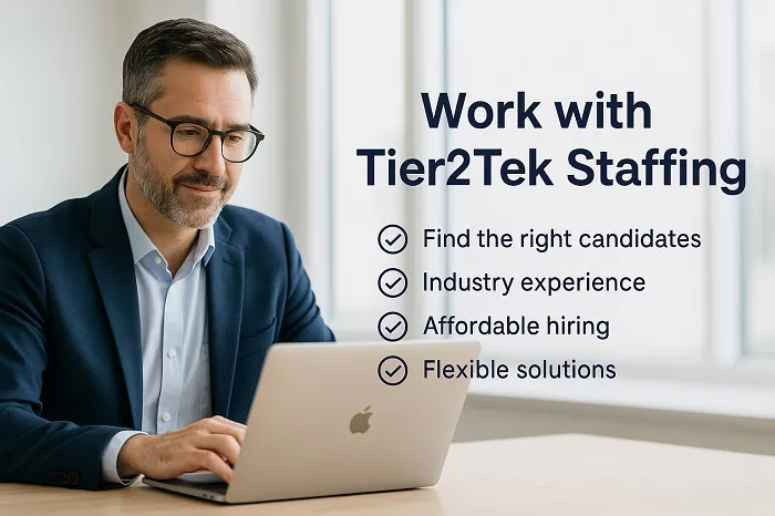 Professional reviewing work on laptop with Tier2Tek Staffing benefits listed.