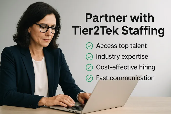Professional woman working on laptop with Tier2Tek Staffing benefits displayed.