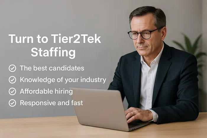 Professional working on laptop with Tier2Tek Staffing benefits listed.