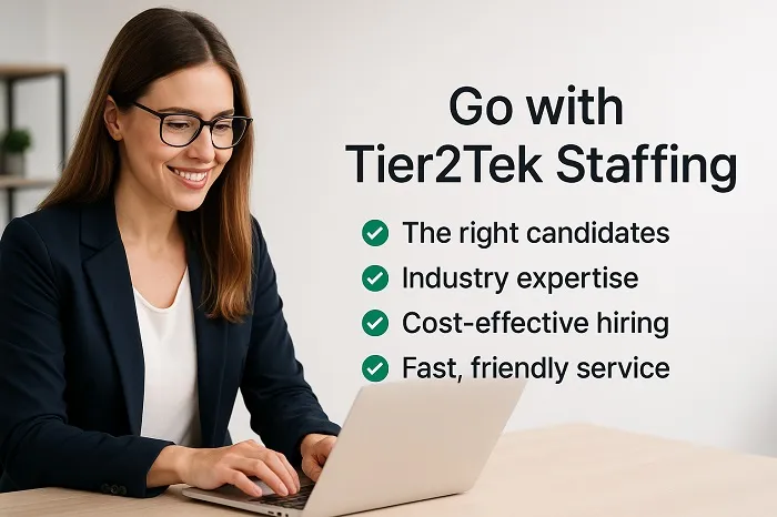 Smiling professional working on laptop with Tier2Tek Staffing benefits listed.