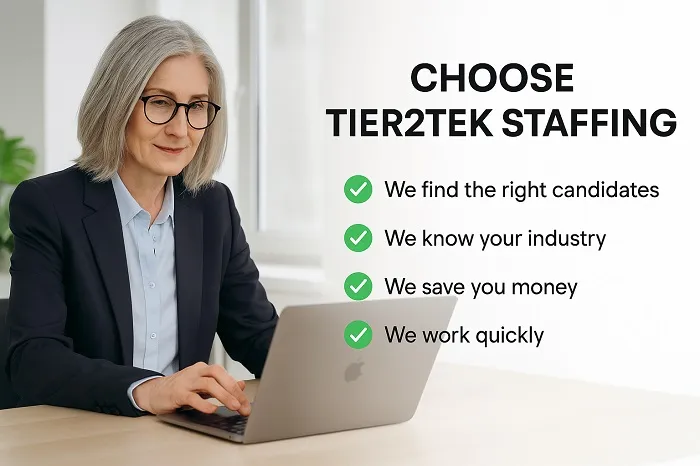 Professional woman working on laptop with Tier2Tek Staffing benefits listed.Title: Choose Tier2Tek Staffing
