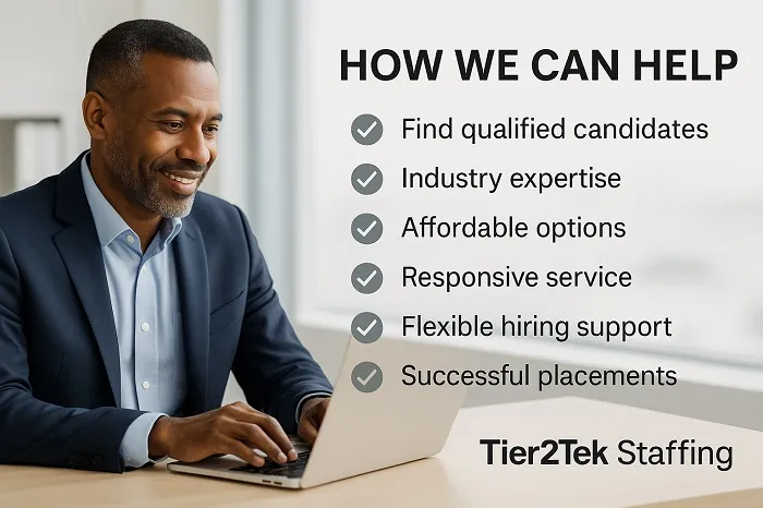 Professional working on laptop with Tier2Tek Staffing benefits shown.