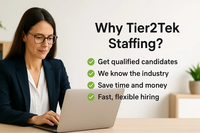 Professional woman typing on laptop with Tier2Tek Staffing benefits listed.