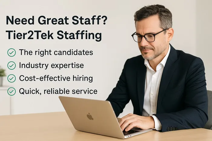 Professional man working on laptop with Tier2Tek Staffing benefits shown.
