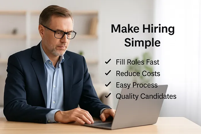 Man working on laptop with Tier2Tek Staffing hiring benefits listed.