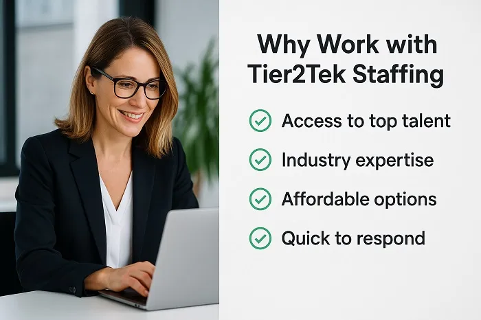 Businesswoman working on laptop with Tier2Tek Staffing benefits listed.