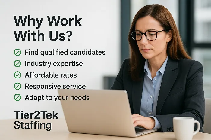 Professional woman working on laptop with Tier2Tek Staffing benefits shown.