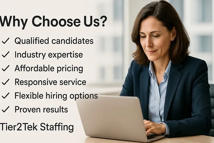 Professional woman using laptop with Tier2Tek Staffing benefits listed.