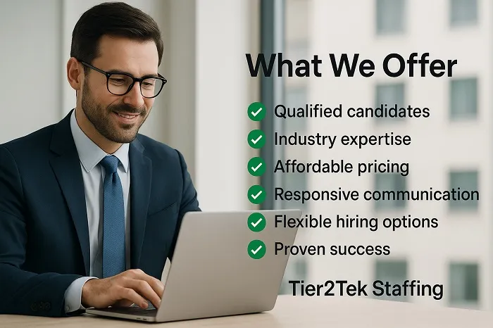 Business professional using laptop with Tier2Tek Staffing benefits listed.Title: What We Offer