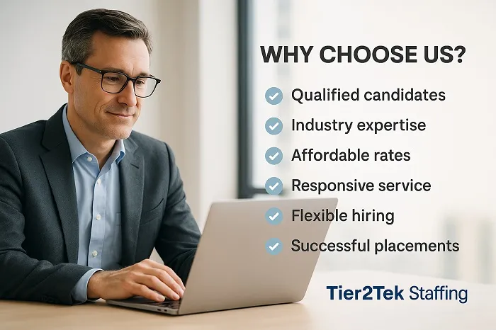 Professional man using a laptop with Tier2Tek Staffing benefits listed.