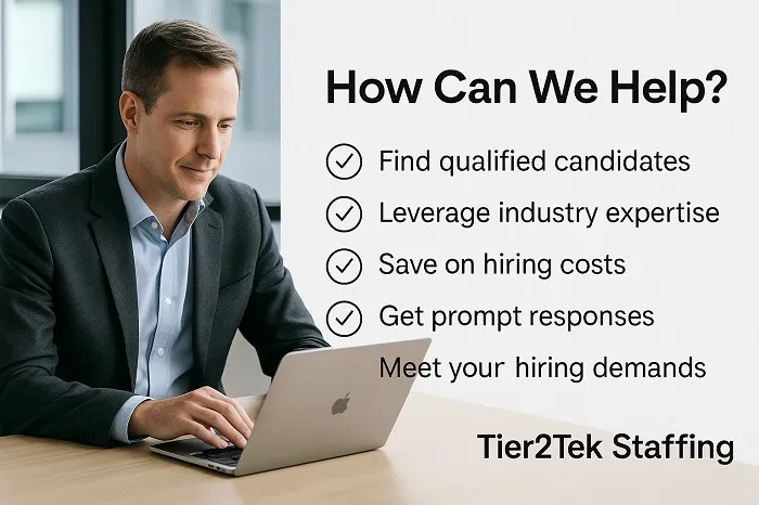 Professional man working on laptop with Tier2Tek Staffing services listed.