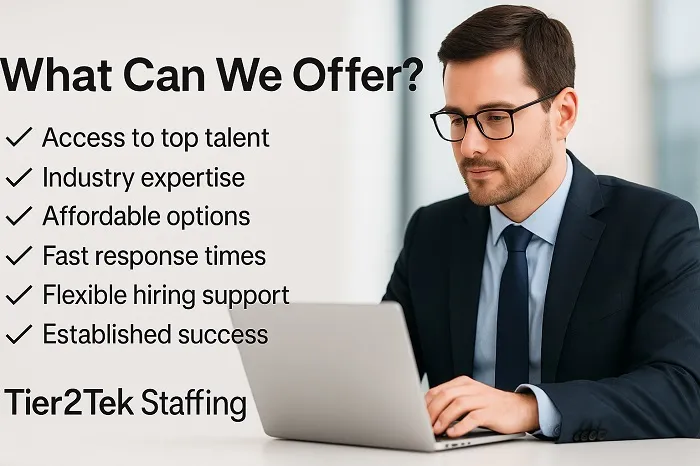Professional man in office working on laptop with Tier2Tek Staffing benefits listed.