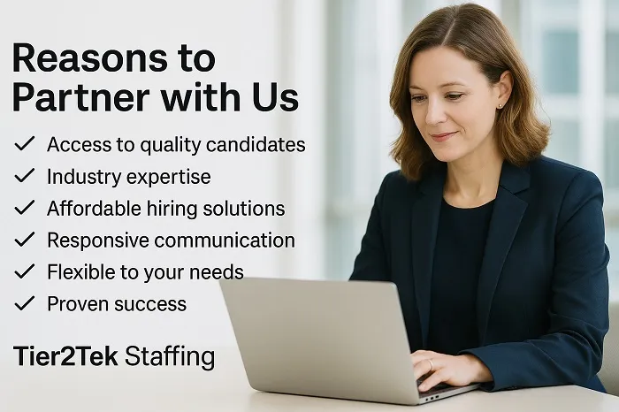Businesswoman working on laptop with Tier2Tek Staffing benefits displayed.