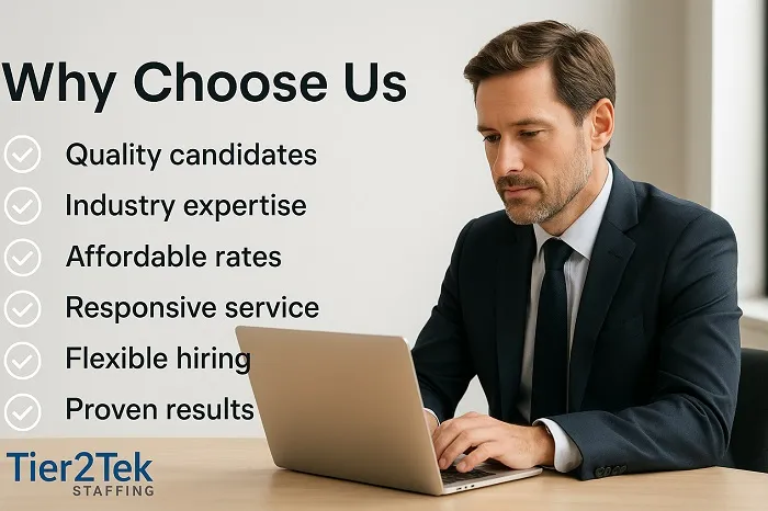 Professional man working on laptop with Tier2Tek Staffing benefits listed.