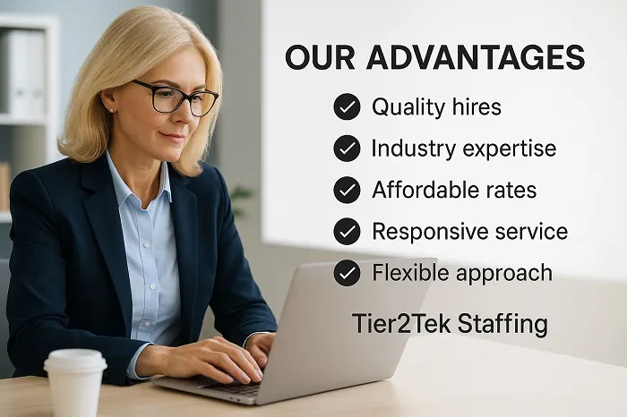 Professional woman typing on laptop with Tier2Tek Staffing benefits listed.