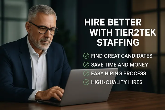 Executive man working on laptop with Tier2Tek Staffing benefits listed.