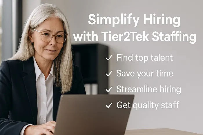 Professional woman working on laptop with Tier2Tek Staffing benefits listed.