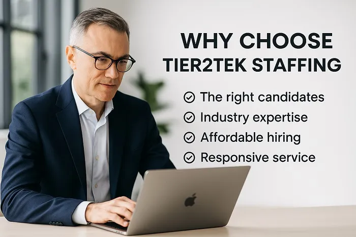 VP-level man working on laptop with Tier2Tek Staffing benefits shown.