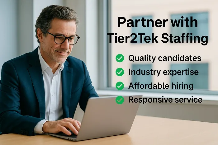 VP-level man working on laptop with Tier2Tek Staffing benefits listed.