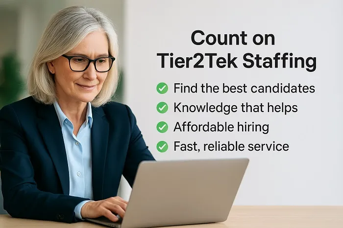Professional woman using a laptop with Tier2Tek Staffing benefits displayed.